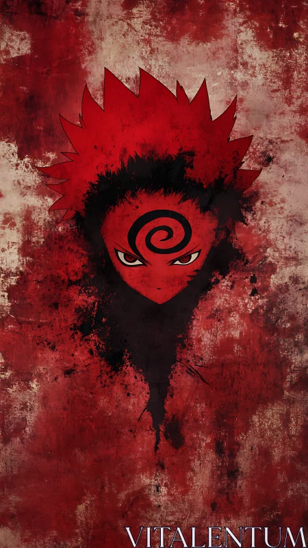 Stylized red anime face on textured distressed backdrop.