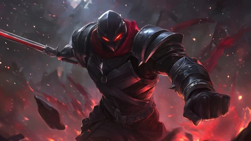 Shadow warrior surges forward in blazing, red-lit battle