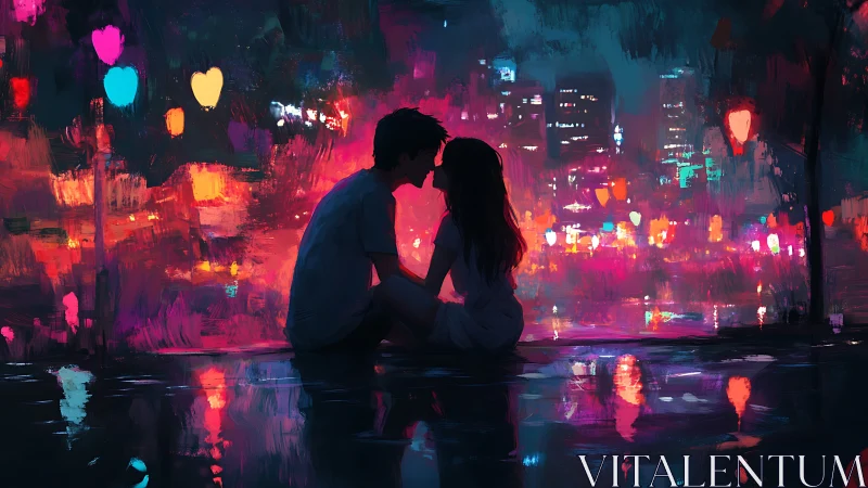 Silhouetted Couple Embracing Within Neon-Saturated Urban Landscape
