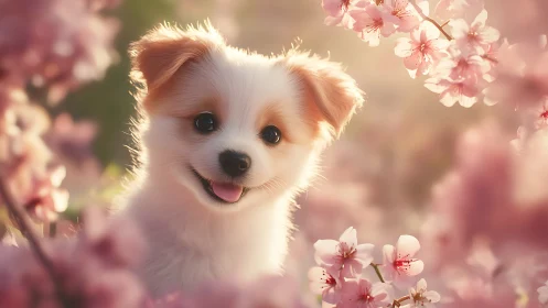 Blossom-bright puppy grinning through a cloud of spring petals.