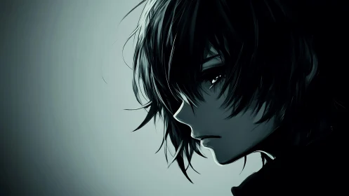 Monochrome anime portrait with moody chiaroscuro profile rendering.