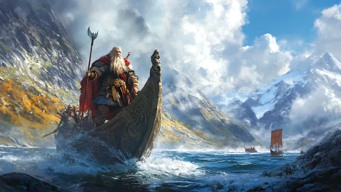 Viking warlord commanding longship through icy fjord storm.
