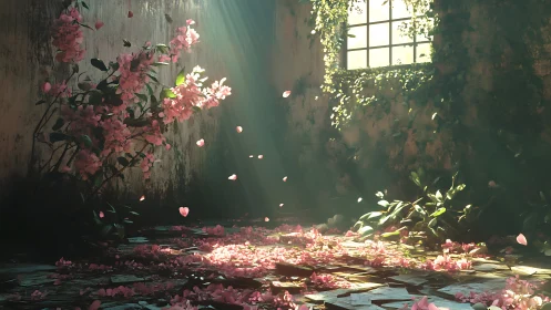 Sunlit abandoned room with flowering vines and petals.