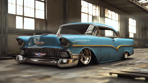 Stanced 1950s blue coupe in abandoned industrial warehouse