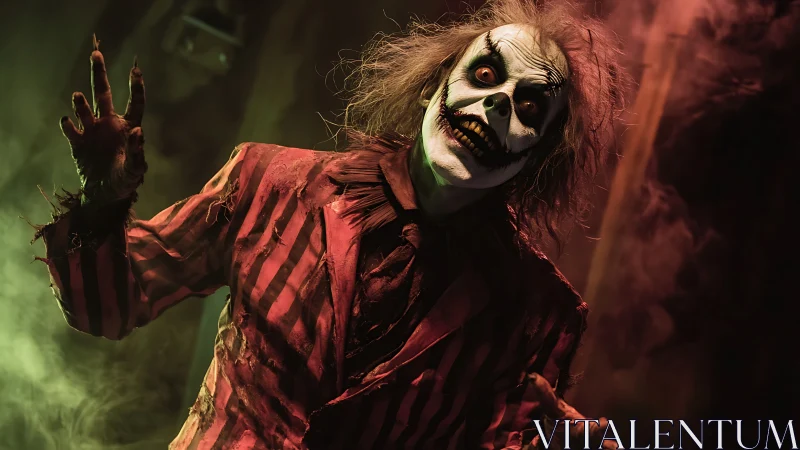 Grotesque clown figure in tattered striped suit under colored fog