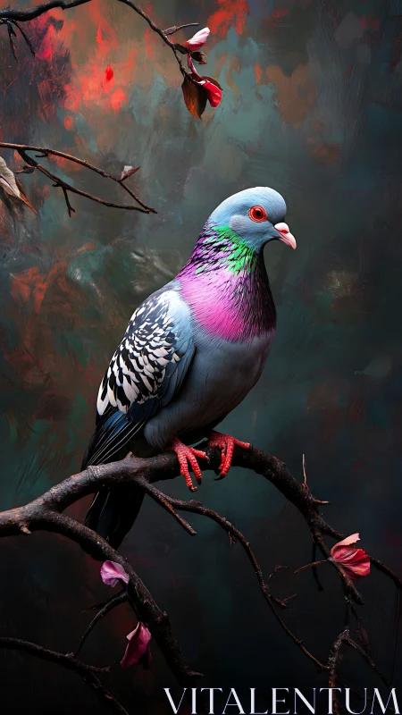 Colorful pigeon on branch against dark painterly background.