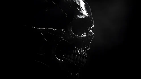 Midnight chrome skull staring into the hush of oblivion.