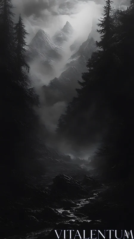 Monochrome alpine ravine with mist-laden conifer silhouettes.