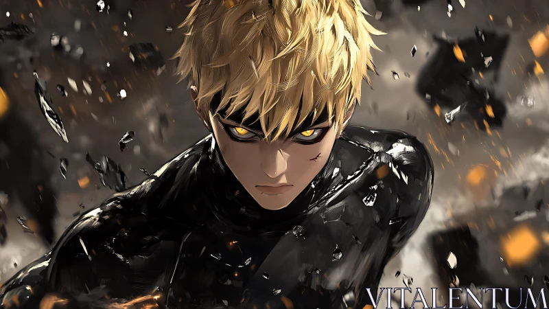 Blond anime character in black suit moves through debris field