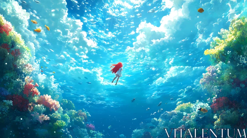Girl with red hair swims upward through bright coral reef
