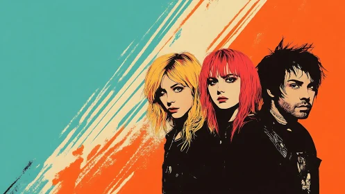 Three stylized band members stand against teal and orange