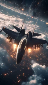 Soaring fighter jet glows above stormy, firelit clouds.