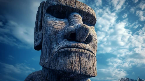 Moai stone head under blue sky in close perspective.