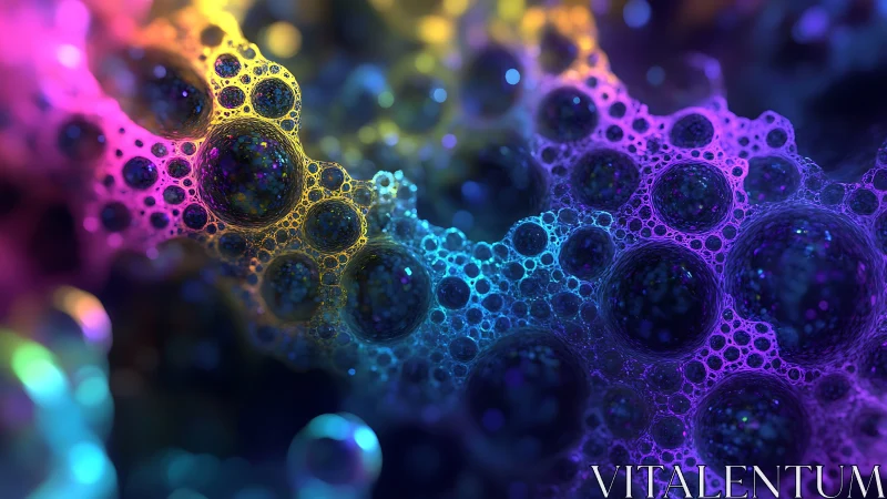 Colorful macro bubbles shimmer with neon cosmic light.