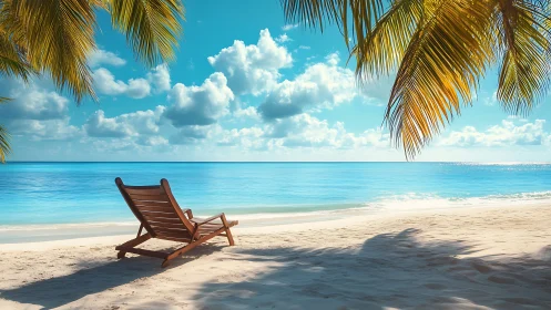 Tropical Beach Sanctuary with Wooden Lounge Chair.