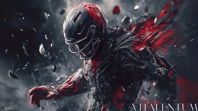 Armored football figure dissolving into red fragments.