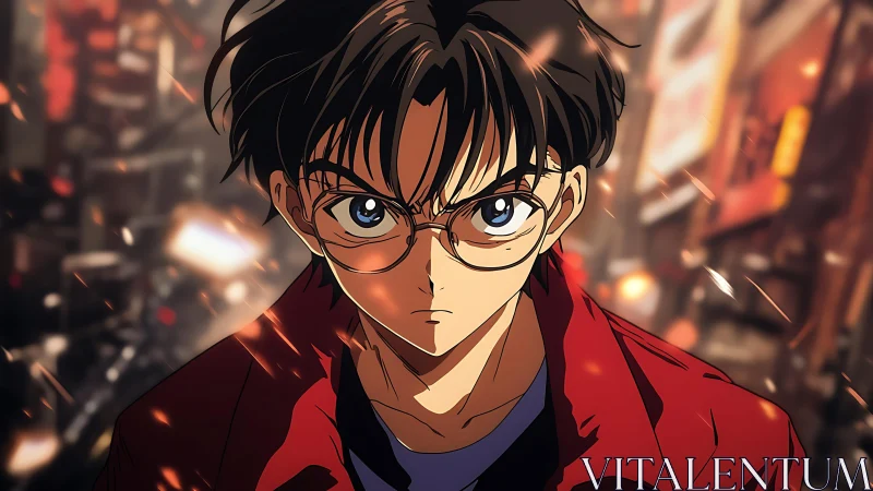 Anime teen in red jacket confronts urban chaos with resolve