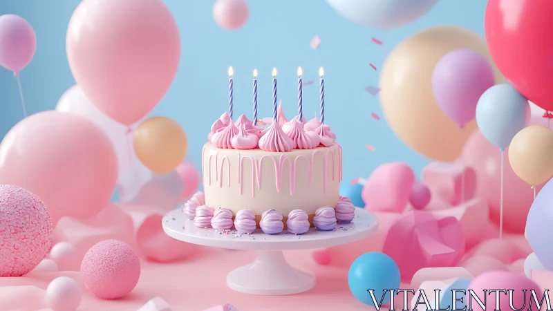 Pastel Birthday Cake Surrounded by Pink and Metallic Balloons