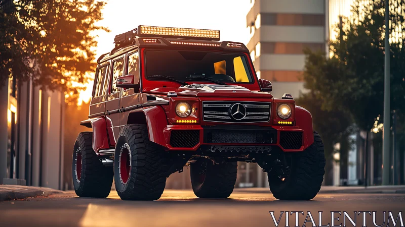 Lifted Mercedes G-Class off-road build under warm urban sunset
