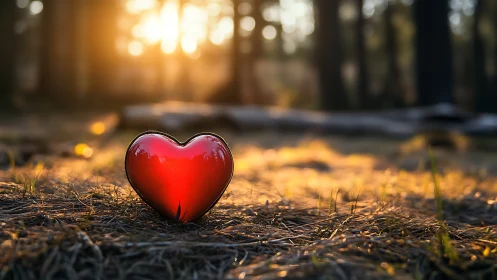 Red glass heart sculpture positioned on forest floor with golden hour backlighting