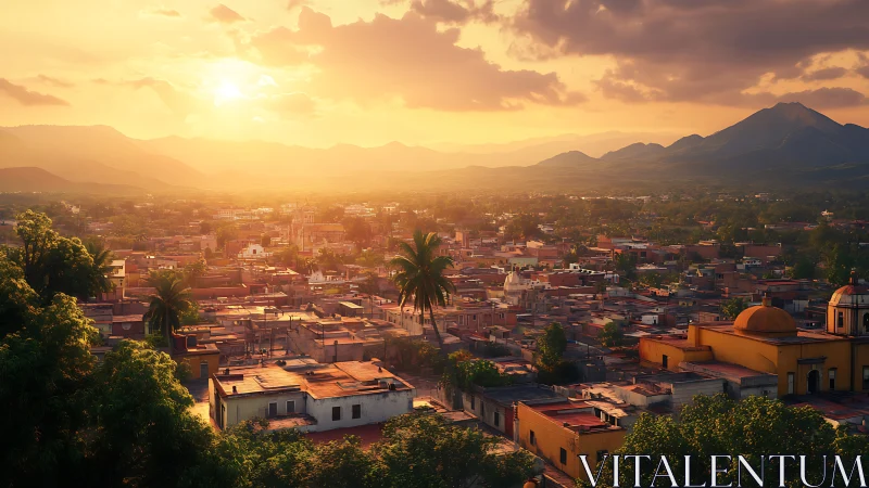 Sunlit low-rise town extends toward layered distant mountains