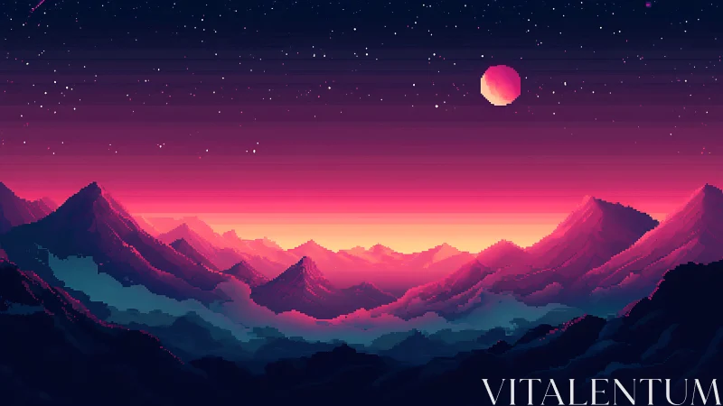 Pixel art mountains under magenta sky and distant moon.
