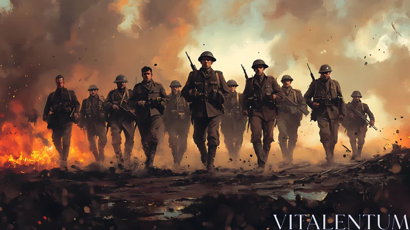 Advancing infantry squad crosses burning battlefield in painterly detail