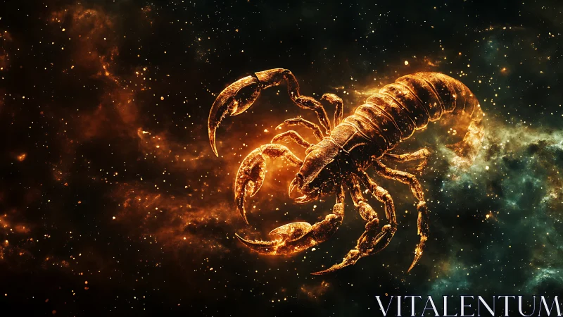 Celestial scorpion blazes through nebula-lit cosmic dusk.