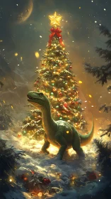 Dinosaur standing by glowing Christmas tree in snowy night.