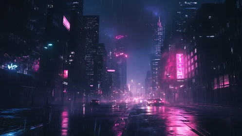 Neon lit rainy city street with distant highrise skyline.