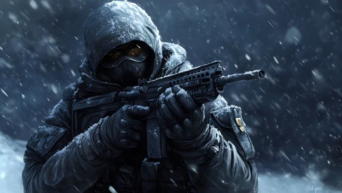 Hooded armed figure in snowy tactical winter environment.