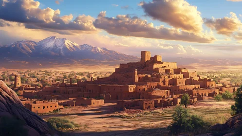 Sunlit desert citadel beneath distant snow peaks.