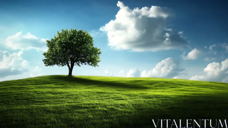 Solitary tree on green hill under dramatic sky, photorealistic style.