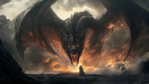 Lone wanderer greeting a colossal firelit dragon horizon.