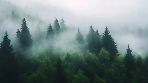 Coniferous forest layers with atmospheric mist penetration.