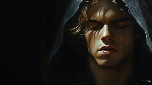 Hooded daylight mourner wrapped in shadowed silence.