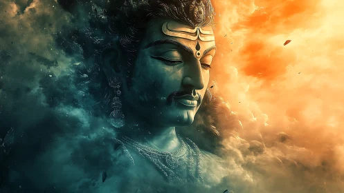 Divine celestial portrait in teal shadows and golden fire.