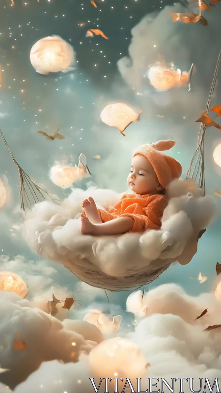 Infant in orange outfit resting on suspended cloud cradle.