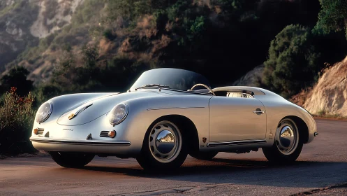 Sunlit classic roadster on winding mountain pass at dusk.