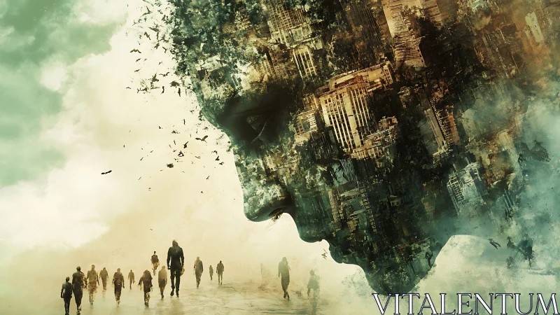 Urban ghost mind dissolving above wandering silhouettes.