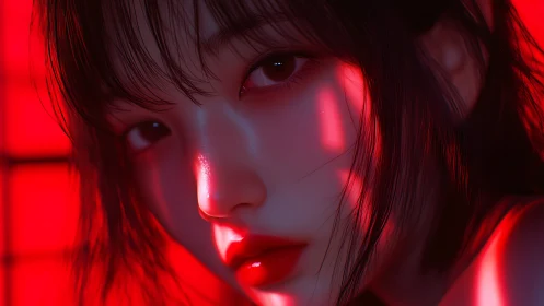 Digital close-up portrait shows face in red directional light