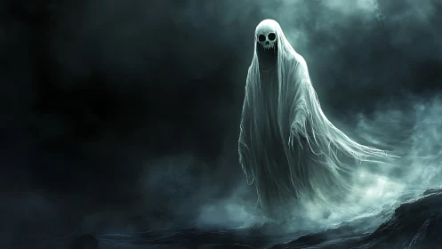 Hooded skeletal ghost drifts through dense fog at night