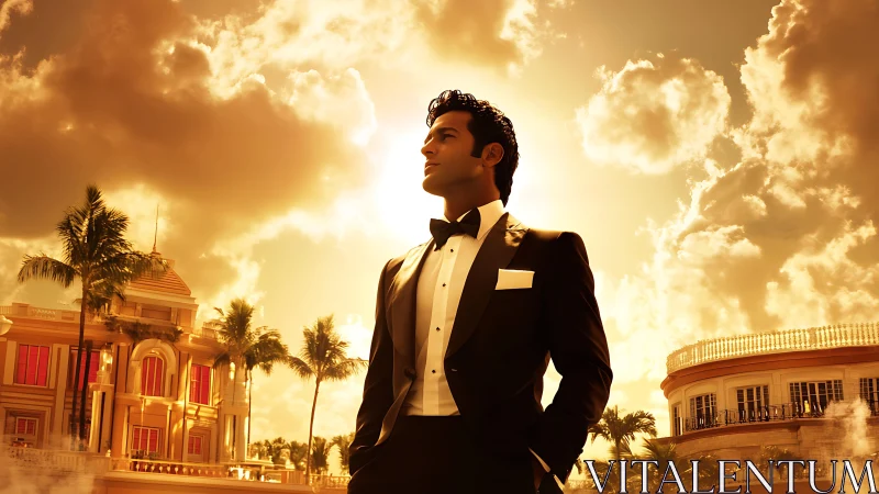 Sunlit tuxedo dreamer strolling through gilded grandeur.