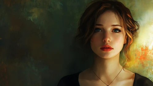 Digital portrait of young woman against textured wall.