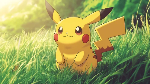 Cartoon yellow creature sits in sunlit grassy landscape