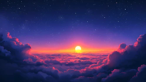 Sunset renders above stratiform clouds beneath star field
