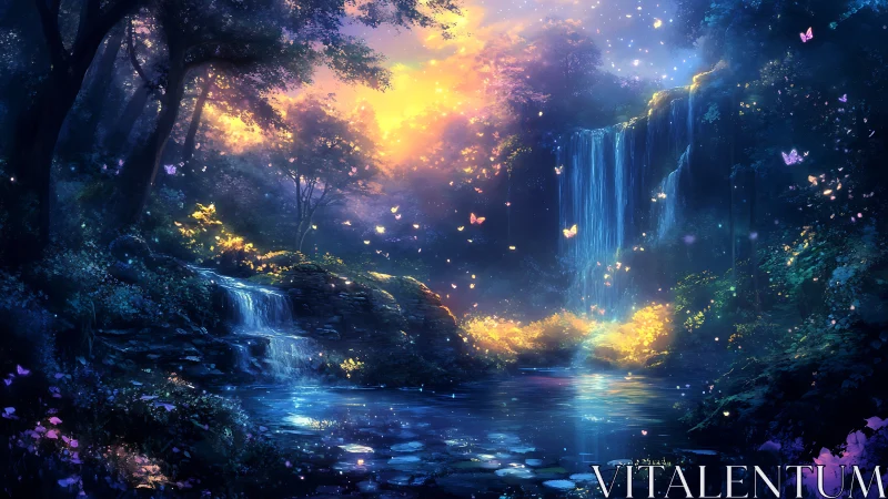 Enchanted bioluminescent forest waterfall at twilight glow.