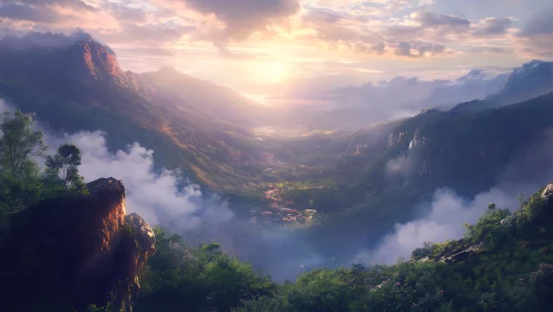 Sunlit mountain valley wrapped in soft morning mist.