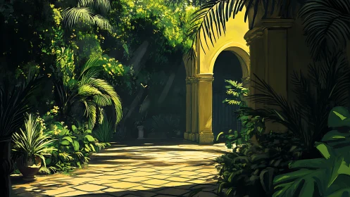 Sunlit garden archway welcomes quiet, leafy afternoon wanderings