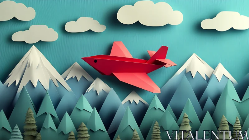 Paper-style red aircraft flies over layered low-poly mountain range